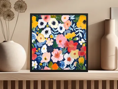 Colorful Floral Digital Paper, Flower Pattern, Spring Blossom Design, Abstract Bloom Art, Navy Background Print, Repeating Tile - Moore and Mountain