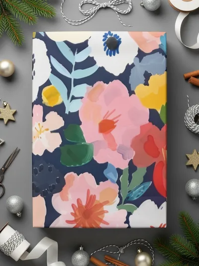 Colorful Floral Digital Paper, Flower Pattern, Spring Blossom Design, Abstract Bloom Art, Navy Background Print, Repeating Tile - Moore and Mountain