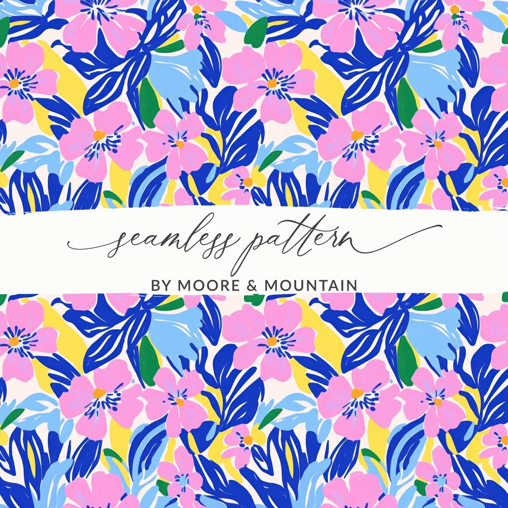 Seamless floral pattern with pink, blue, and yellow flowers and leaves.