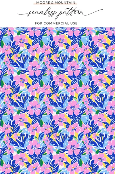 Seamless floral pattern with pink flowers and blue leaves on cream background.