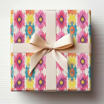 Vibrant Abstract Print Gift Wrap with Beige Ribbon