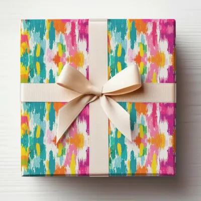 Colorful Abstract Pattern Wrapped Gift Box with Bow