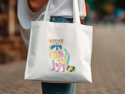 White tote bag with a colorful, watercolor-style raccoon illustration.