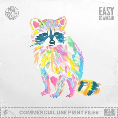 Colorful watercolor raccoon with striped tail.