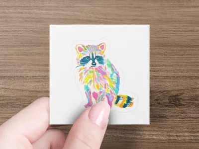 Colorful watercolor raccoon sticker held by a hand.