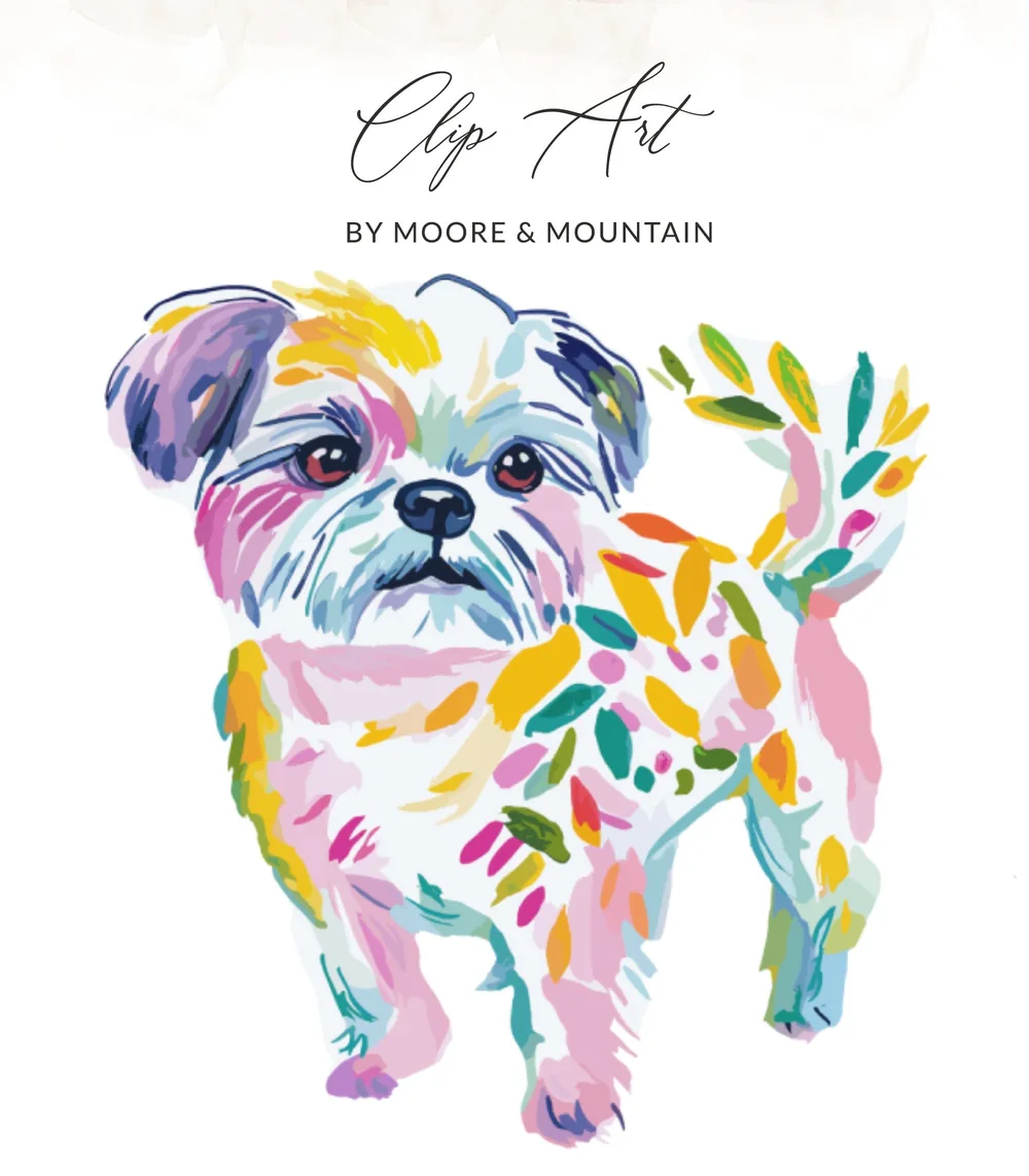 Watercolor painting of a white shih tzu dog with colorful brushstrokes.
