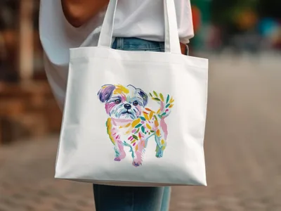 White tote bag with colorful watercolor dog illustration.