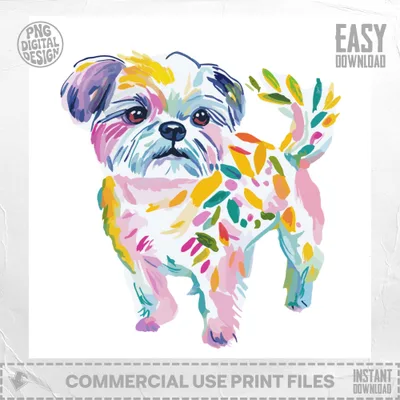 Watercolor Shih Tzu puppy with colorful brushstrokes and leaves.