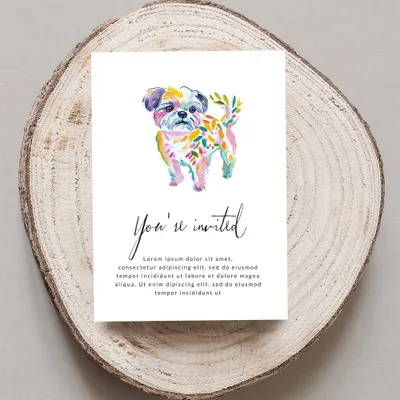Watercolor dog illustration on "You're invited" card with placeholder text.