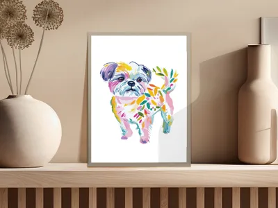 Colorful illustration of a small dog with floral patterns.