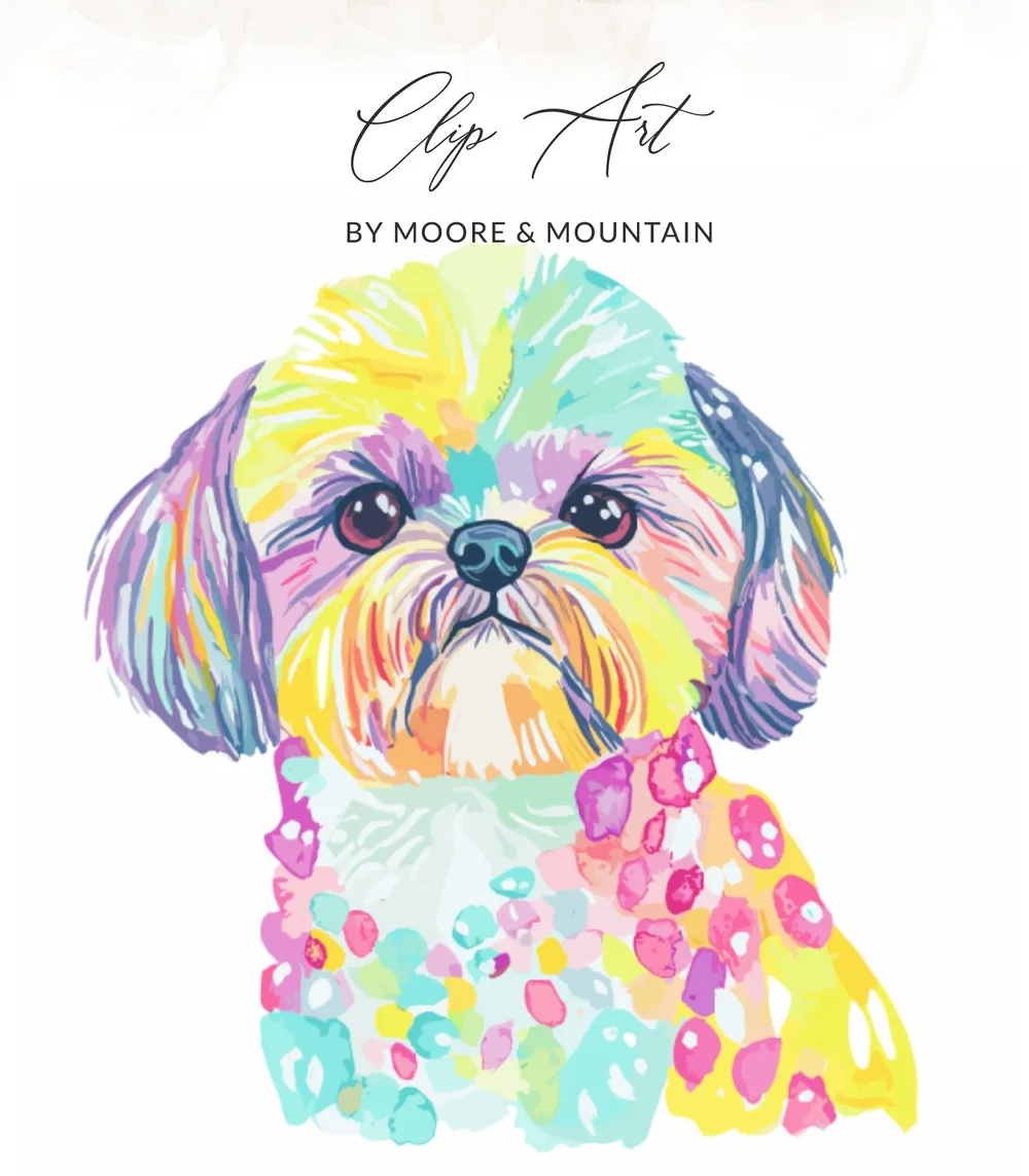 Colorful Shih Tzu illustration with artist credit "Clip Art BY MOORE & MOUNTAIN".