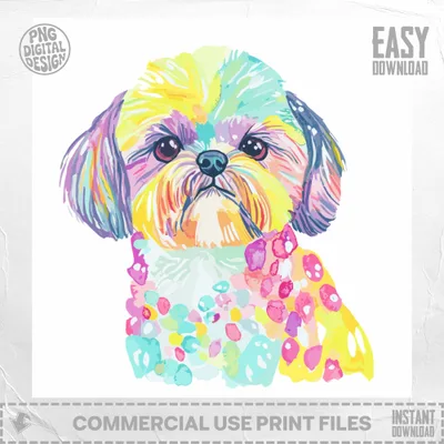 Colorful watercolor shih tzu dog with abstract shapes on collar.