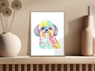Watercolor painting of a colorful shih tzu dog in a frame on a shelf.