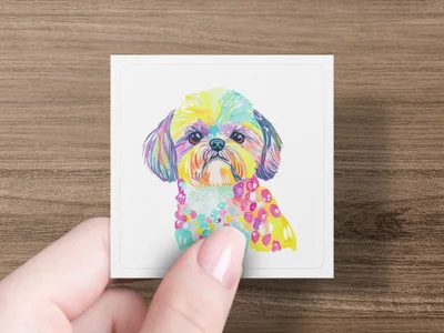 Watercolor painting of a colorful Shih Tzu with a floral scarf.