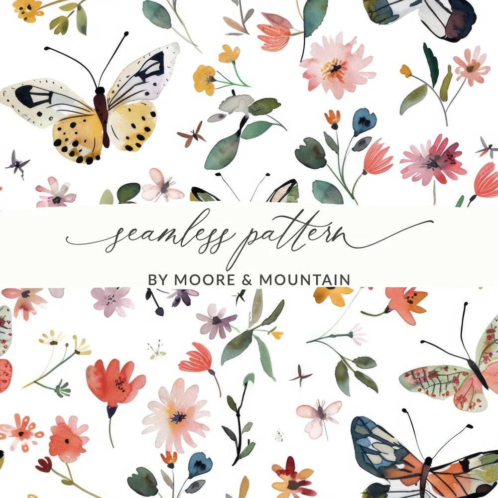 Colorful Spring Floral Butterfly Watercolor Pattern Digital - Moore and Mountain