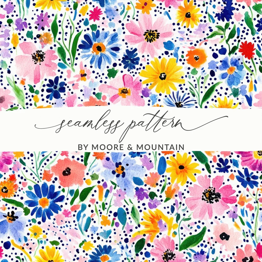 Colorful Spring Watercolor Floral Pattern, Summery Floral Background With Dots - Moore and Mountain