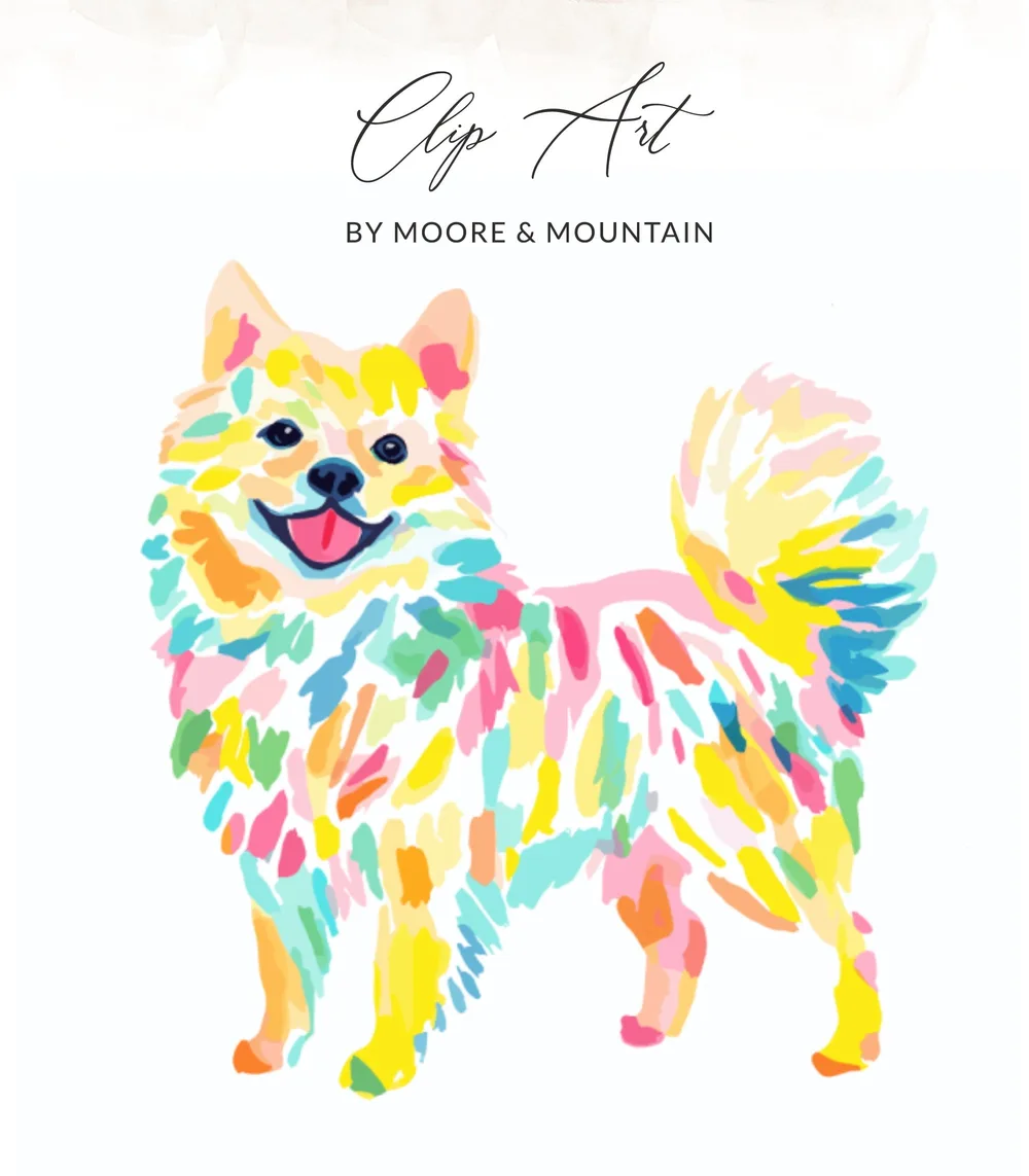 Colorful watercolor Pomeranian dog with "Clip Art" text above.