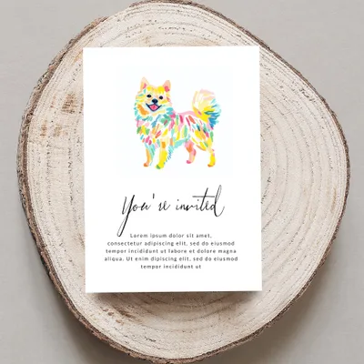 Colorful Pomeranian dog on invitation, "You're invited" text.
