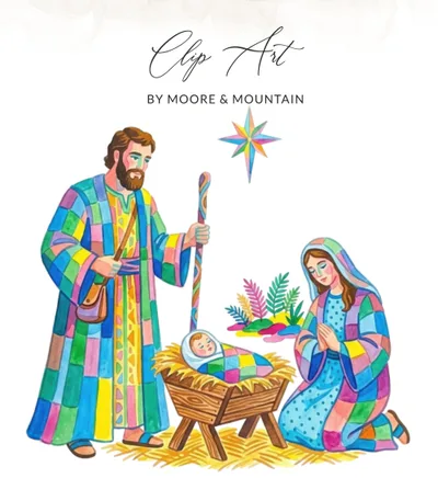 Colorful Watercolor Nativity Scene Clipart, Mary Joseph Baby Jesus Manger, Christian Christmas Digital Art File