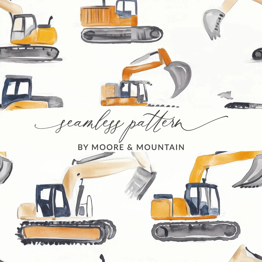 Construction Excavator Digital Seamless Pattern, Yellow Gray Watercolor, Vehicle Repeat Pattern, Commercial License, Digital Papers - Moore and Mountain
