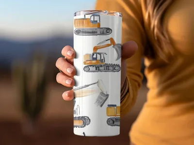 Construction Excavator Digital Seamless Pattern, Yellow Gray Watercolor, Vehicle Repeat Pattern, Commercial License, Digital Papers - Moore and Mountain