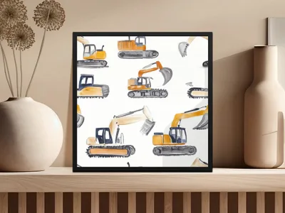 Construction Excavator Digital Seamless Pattern, Yellow Gray Watercolor, Vehicle Repeat Pattern, Commercial License, Digital Papers - Moore and Mountain