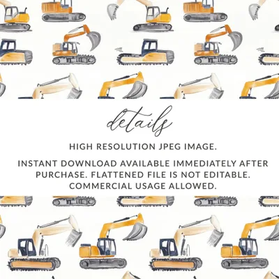 Construction Excavator Digital Seamless Pattern, Yellow Gray Watercolor, Vehicle Repeat Pattern, Commercial License, Digital Papers - Moore and Mountain