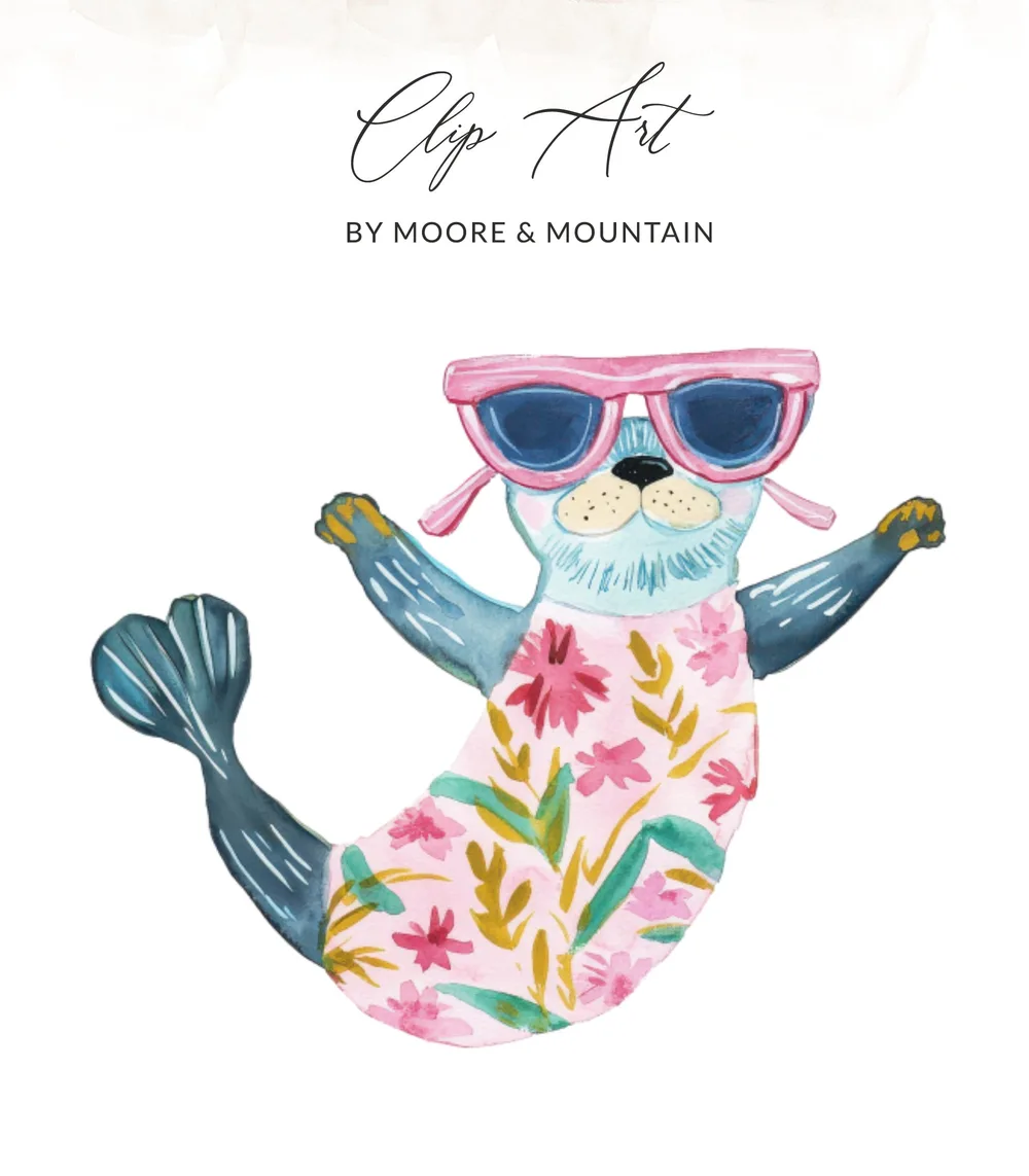Watercolor clip art of a blue seal wearing pink sunglasses and a floral dress.
