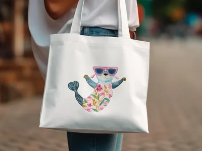 White tote bag with watercolor otter wearing pink sunglasses and floral pattern.