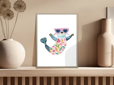 Watercolor illustration of a sea otter wearing sunglasses and a floral dress.