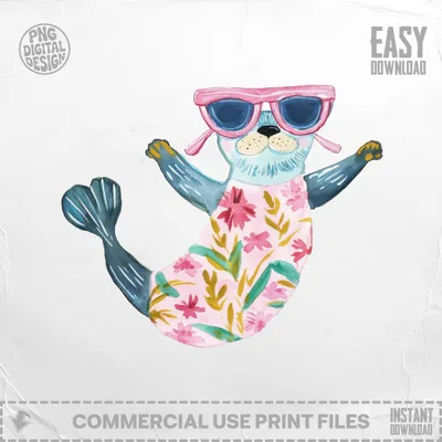 Seal in a pink floral dress and sunglasses with "PNG DIGITAL DESIGN" and "EASY DOWNLOAD".