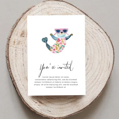 Invitation card with watercolor otter in sunglasses and floral pattern.