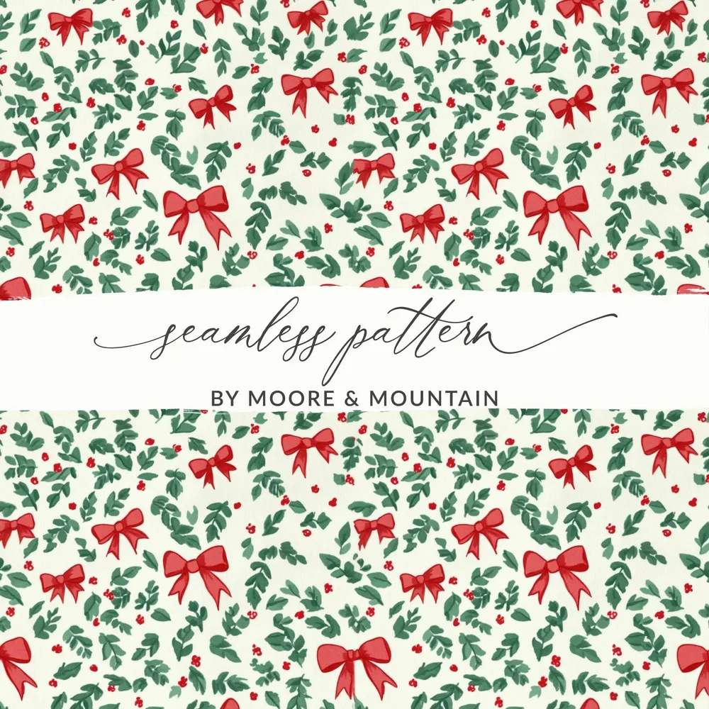Coquette Christmas Digital Paper, Holly Bow Pattern, Seamless Festive Design, Holiday Scrapbook Paper, Winter Background, Digital Download - Moore and Mountain