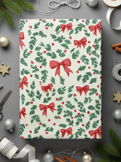 Coquette Christmas Digital Paper, Holly Bow Pattern, Seamless Festive Design, Holiday Scrapbook Paper, Winter Background, Digital Download - Moore and Mountain