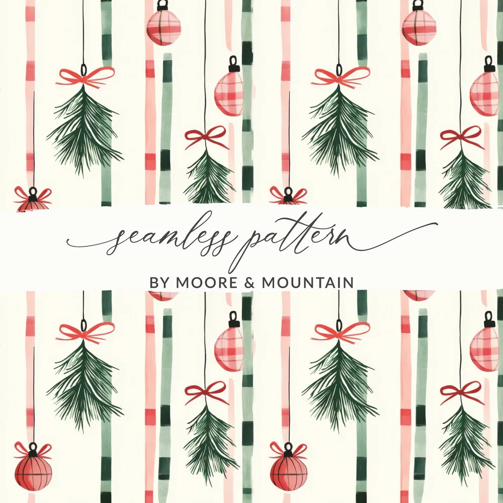 Coquette Christmas Tree Ornaments Digital Download | Holiday Striped Background | Festive Home Decor Printable - Moore and Mountain