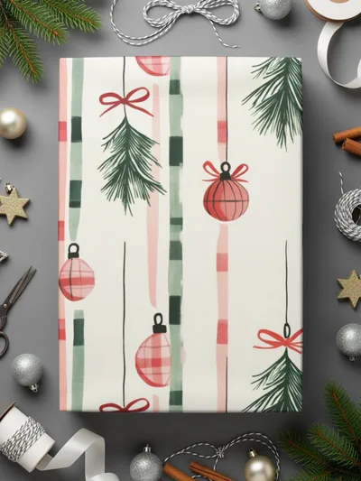 Coquette Christmas Tree Ornaments Digital Download | Holiday Striped Background | Festive Home Decor Printable - Moore and Mountain