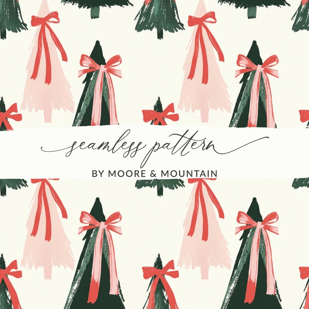 Coquette Christmas Tree Seamless Pattern Digital Paper, Holiday Digital Download, Red Bow Trees, Festive Background, Xmas Scrapbook Paper - Moore and Mountain