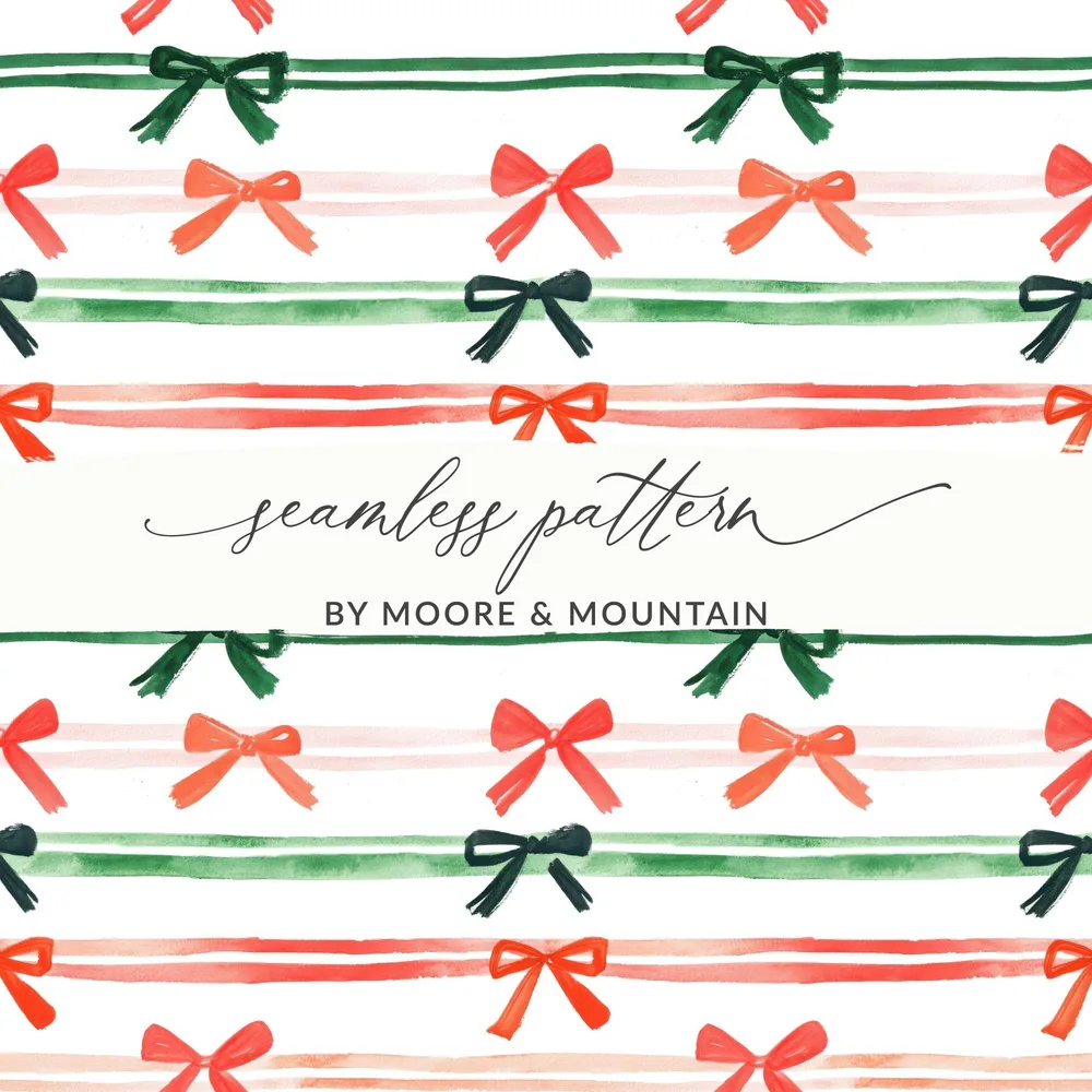 Coquette Watercolor Holiday Ribbons on Stripes Seamless Pattern Digital Red and Green Bows - Moore and Mountain