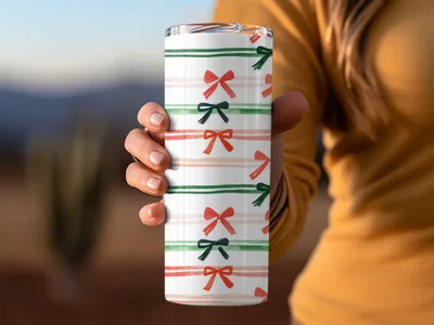 Coquette Watercolor Holiday Ribbons on Stripes Seamless Pattern Digital Red and Green Bows - Moore and Mountain