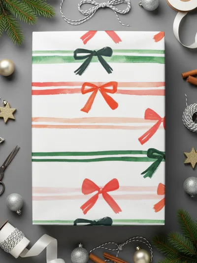 Coquette Watercolor Holiday Ribbons on Stripes Seamless Pattern Digital Red and Green Bows - Moore and Mountain