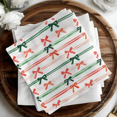 Coquette Watercolor Holiday Ribbons on Stripes Seamless Pattern Digital Red and Green Bows - Moore and Mountain