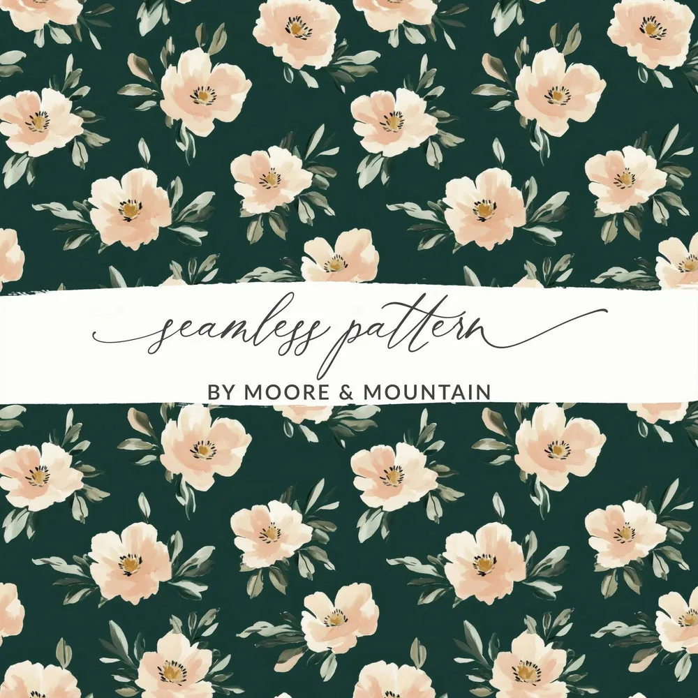 Coral and Green Dark Floral Seamless Pattern, Digital Paper, Green, Beige Flower Digital, Commercial Use Modern Floral Design - Moore and Mountain