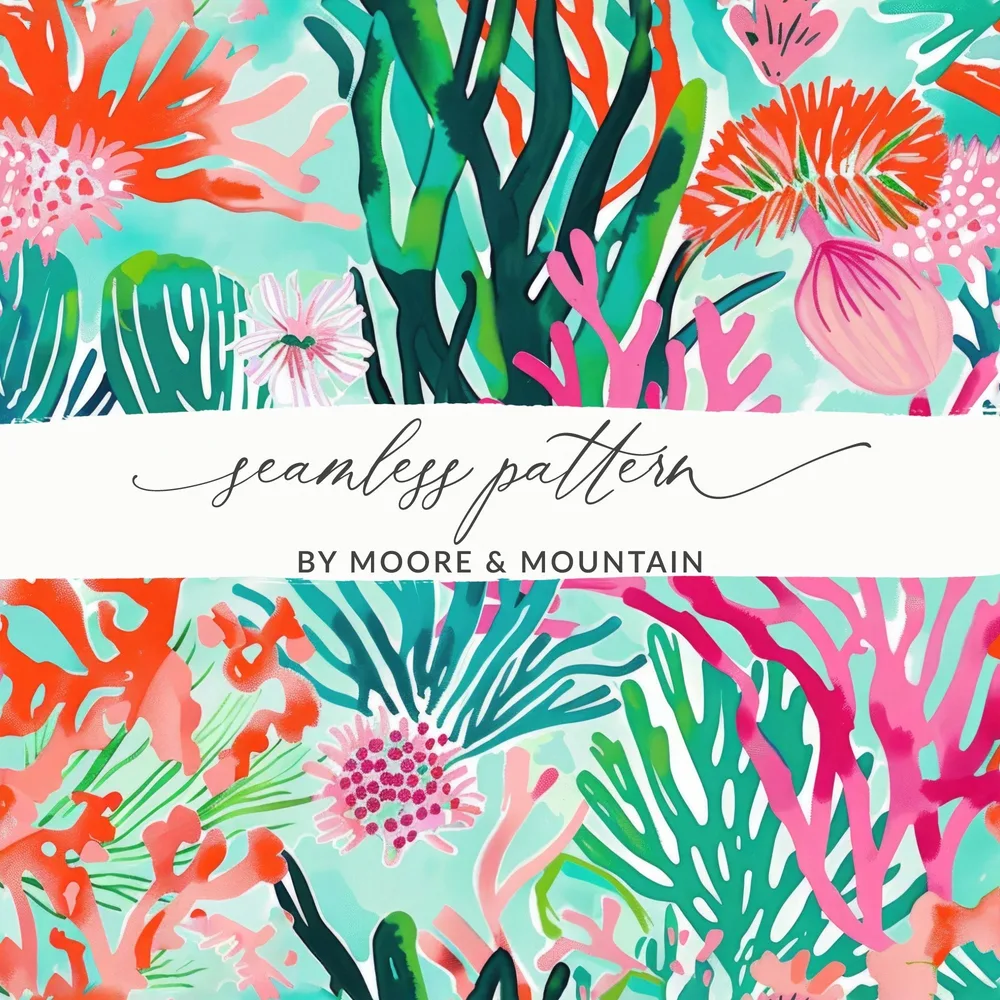 Coral Reef Digital Paper, Pink, Orange and Green Seaweed Pattern, Abstract Summer Background, Vibrant Underwater Print, Digital Download - Moore and Mountain
