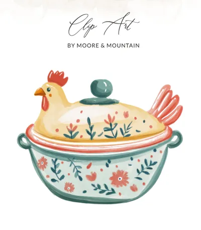 Cottagecore Chicken Casserole Preppy Clip Art PNG SVG, Watercolor Farmhouse Hen Tureen Digital Download