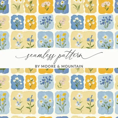 Cottagecore Floral Seamless Pattern, Vintage Wildflower Blocks Digital Paper, Daisy Bluebell Print, Blue Yellow Summer Garden, Digital