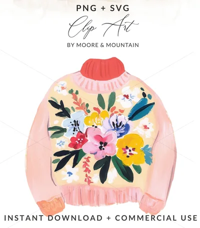 Cottagecore Floral Sweater Digital Print, Whimsical Hand Painted Botanical Jumper Wall Art, Cozy Grandmillennial Aesthetic Printable Poster
