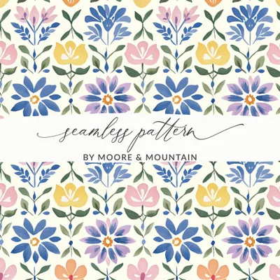 Cottagecore Folk Art Floral Digital Pattern, Seamless Botanical Repeat, Whimsical Hand Painted Tile, Pastel Garden Illustration, Nursery