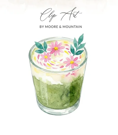 Cottagecore Matcha Latte Watercolor Digital Art Print, Pink Floral Green Tea Drink Illustration, Cozy Aesthetic Cafe Decor Digital