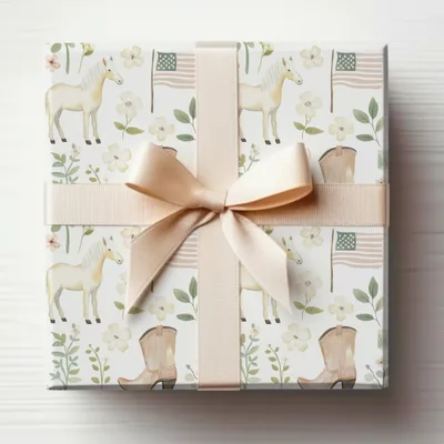 Western Equestrian Theme Gift Wrap with Boots and Flags