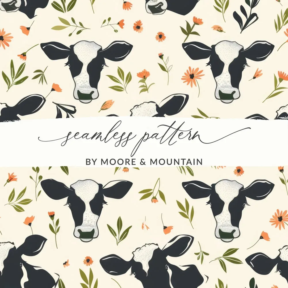 Cow and Floral Seamless Pattern Digital File, Farm Animal Print, Cute Pet Design, Repeat Pattern, Commercial Use, Digital Download - Moore and Mountain